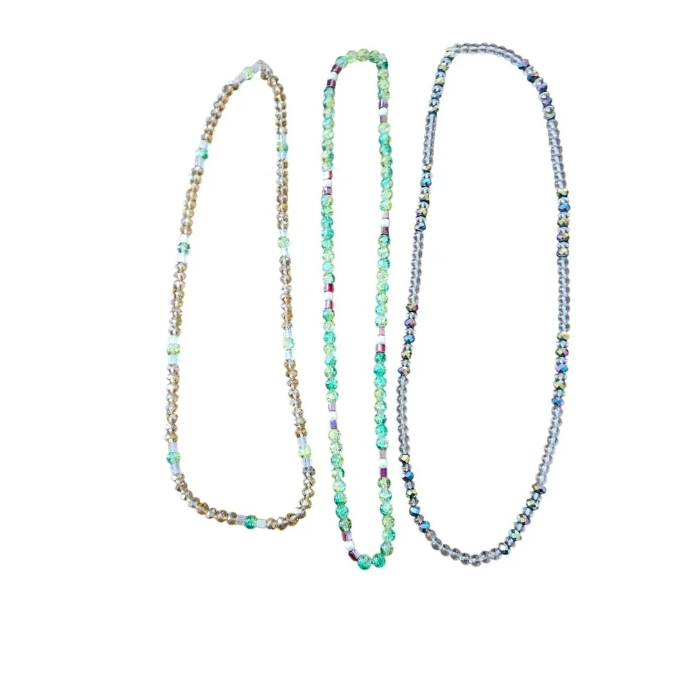Lot‎ Of 3 Beaded Necklaces Glass Crystal Beads Green Clear Iridescent Layering